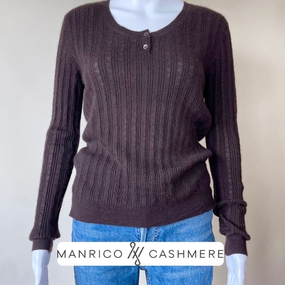 Manrico Sweaters - MANRICO CASHMERE SILK CREW NECK SWEATER BUTTON BROWN CABLE KNIT